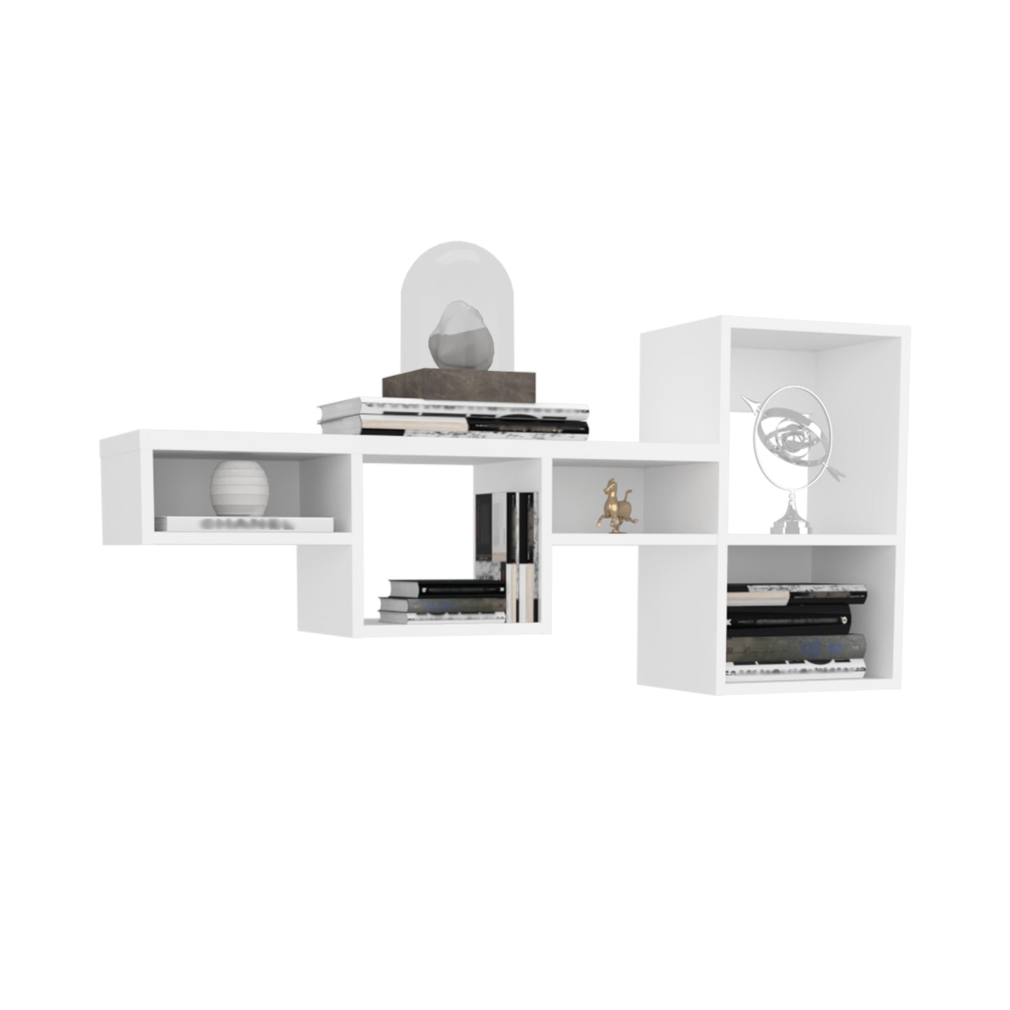 Modern white wall shelf with varied cubby sizes displaying decorative items