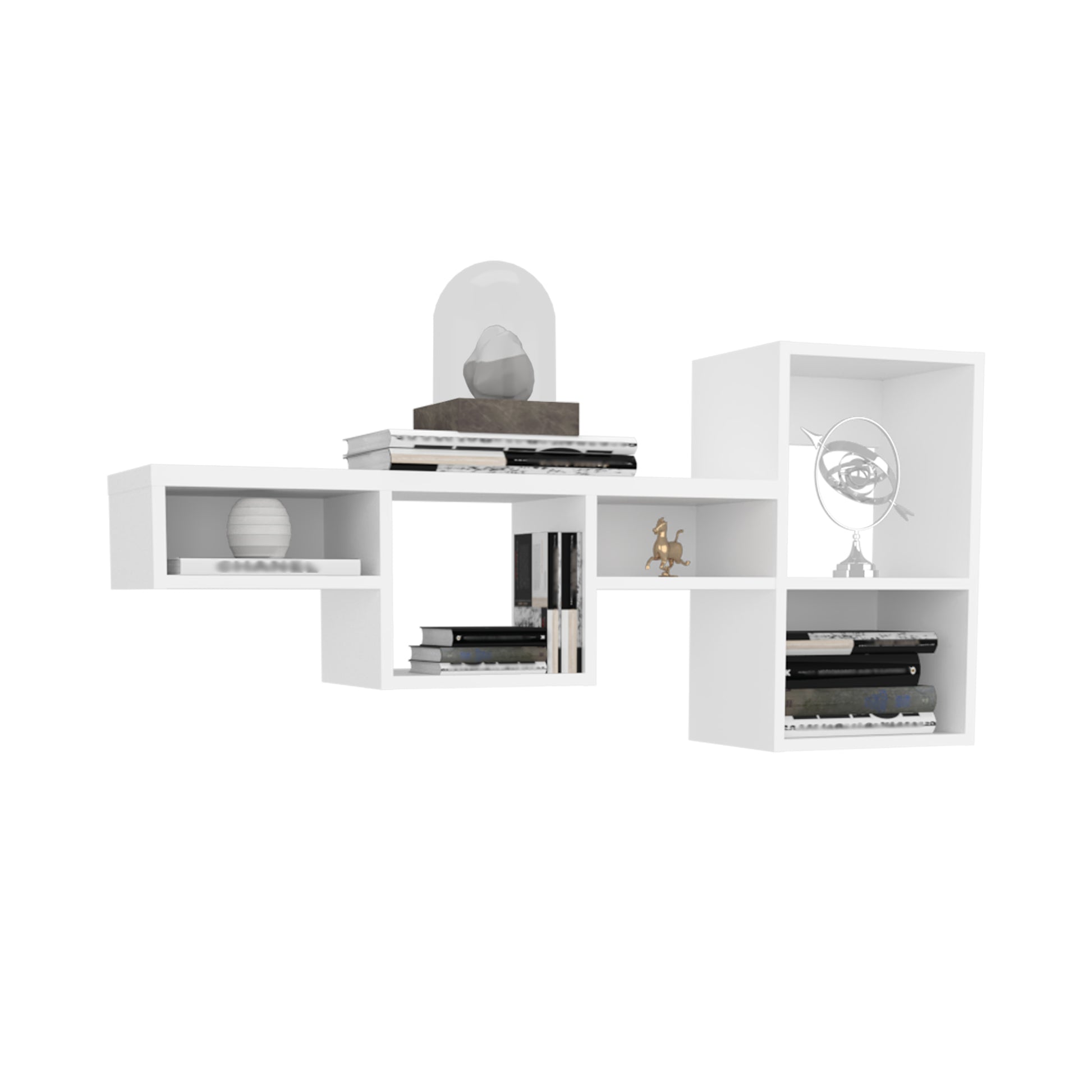 Modern white wall shelf with varied cubby sizes displaying decorative items