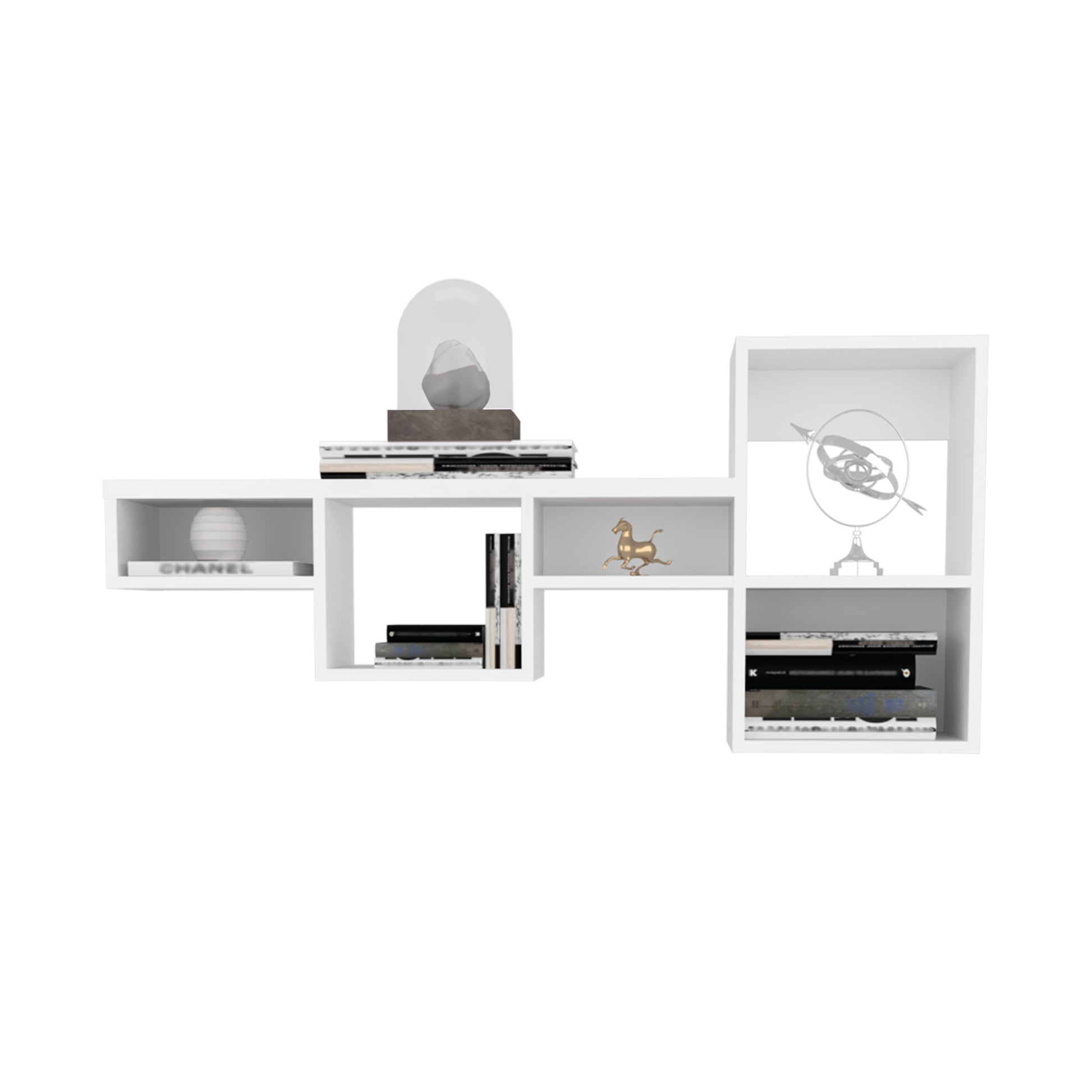Modern white wall shelf with Chanel book and vase