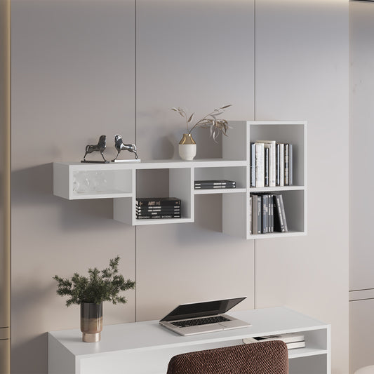 White modular floating shelf unit with books and decor