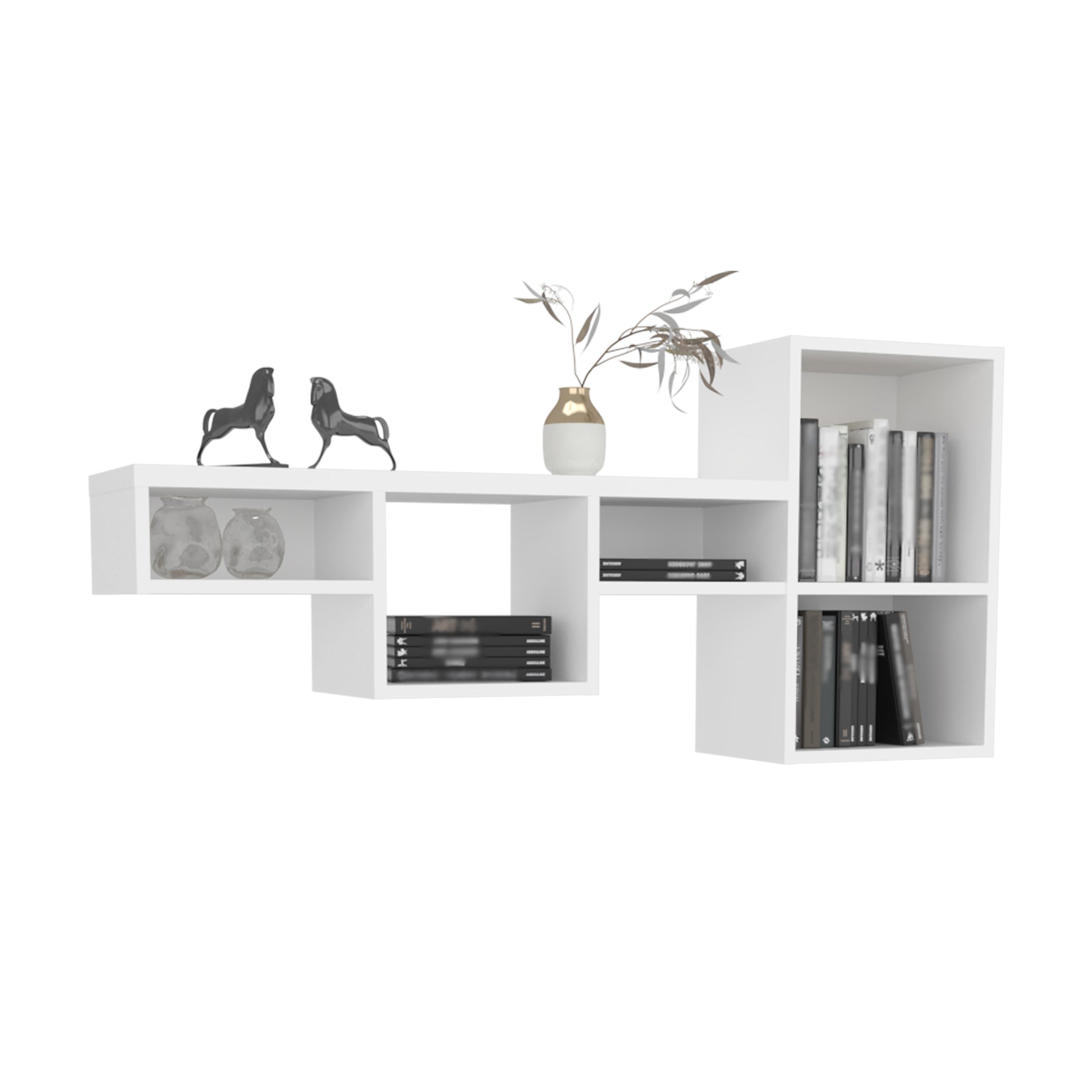 White modular wall shelf with black horse figurines