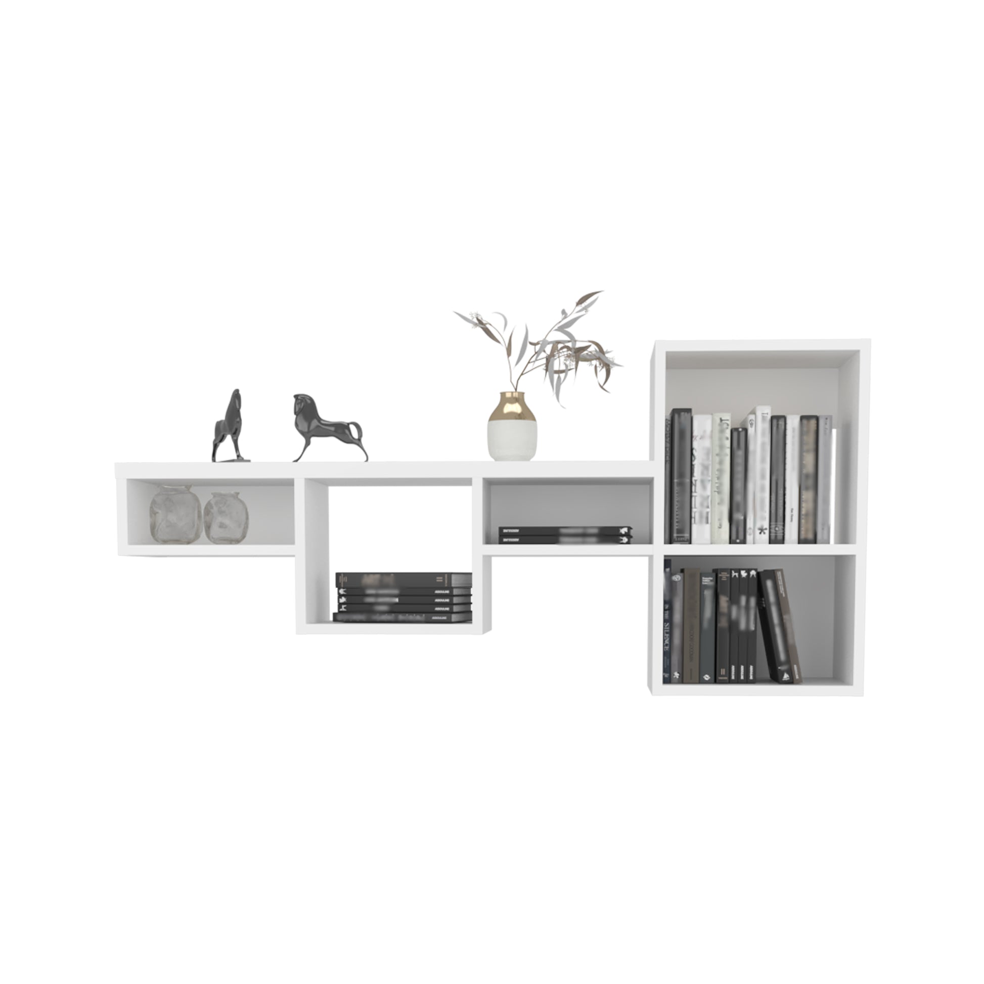 Modern white floating shelf with decorative vases and horse figurines