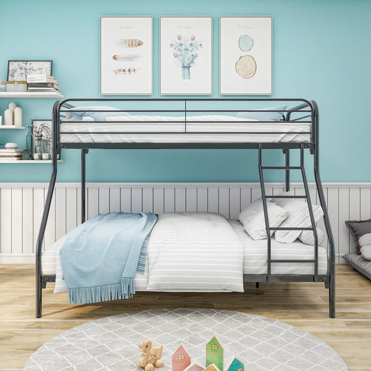 Dark gray metal triple bunk bed with striped bedding and blue throw