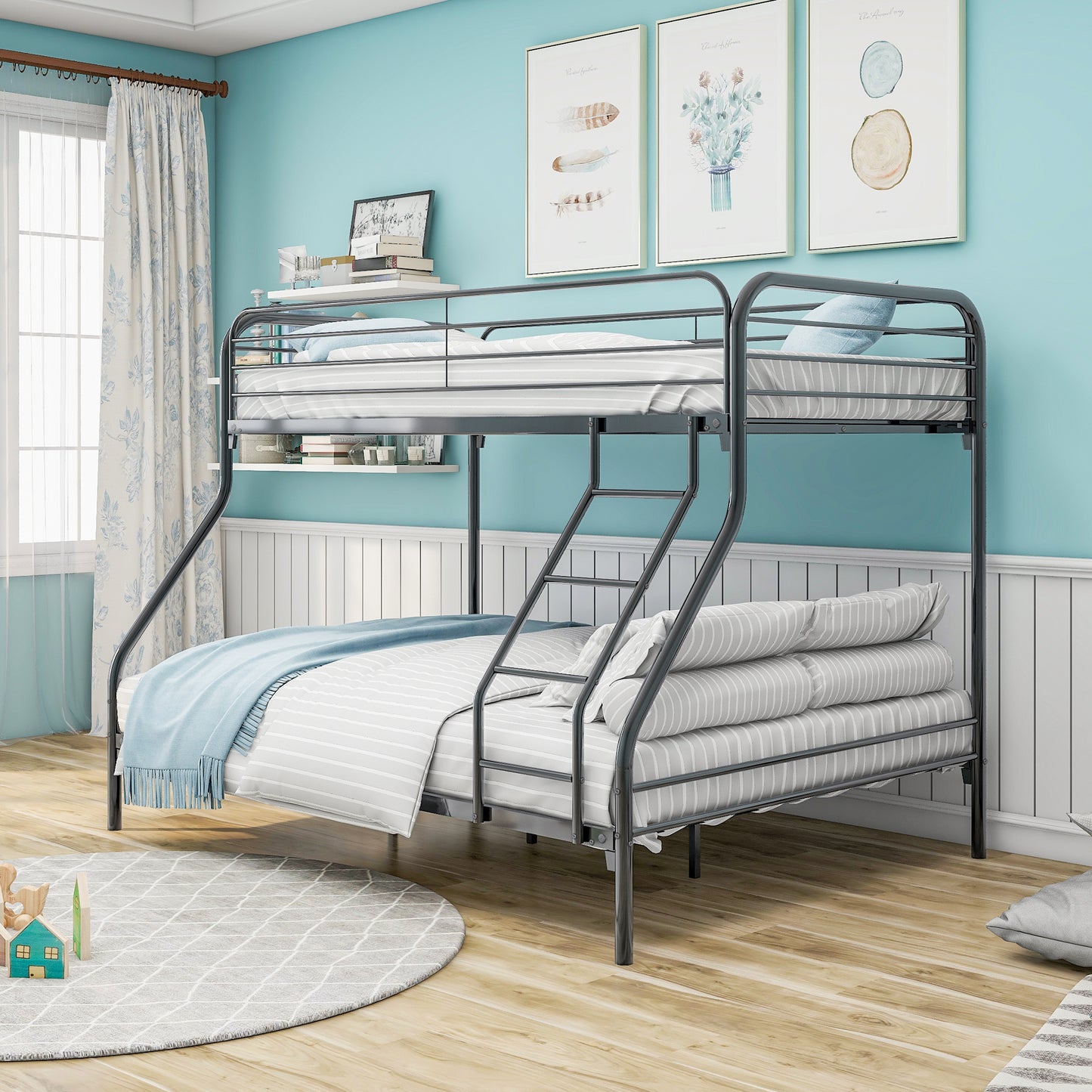 Dark gray metal twinovertwin bunk bed with striped bedding and a blue blanket