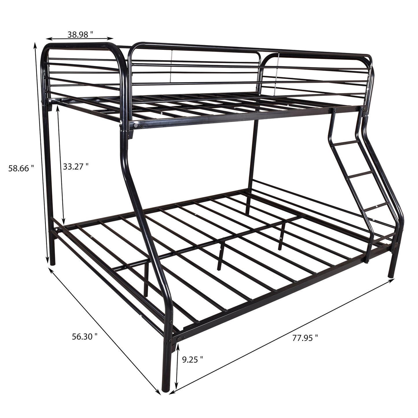 Black metal triple bunk bed frame with ladder