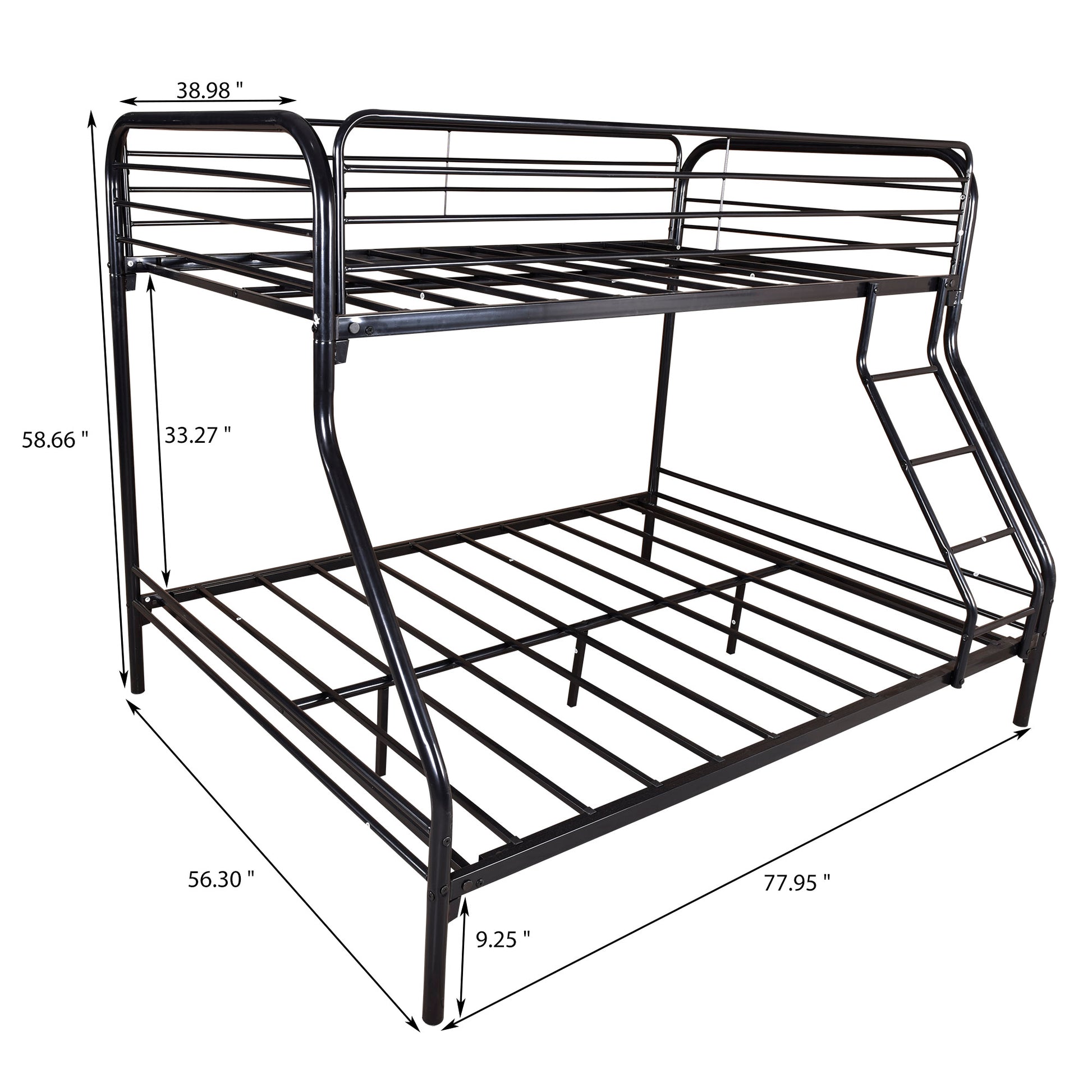 Black metal triple bunk bed frame with ladder