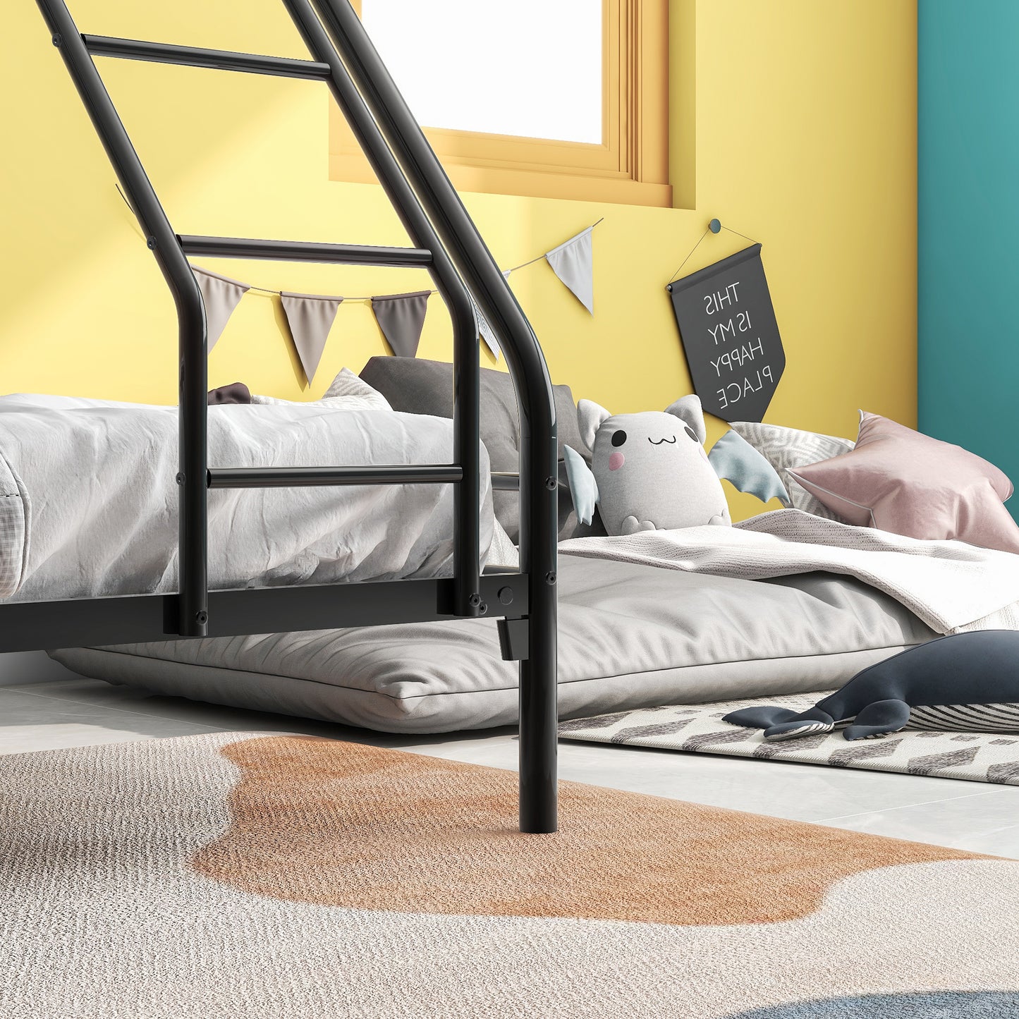 Black metal bunk bed frame with white bedding and pillows