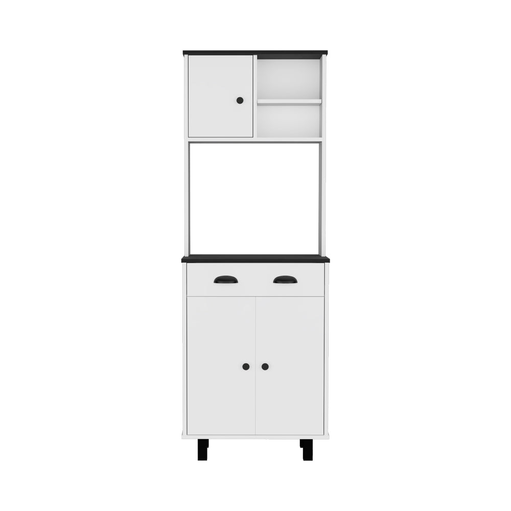 White kitchen bakers rack with black accents and two doors