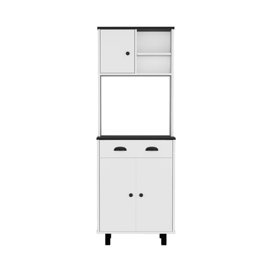 White kitchen bakers rack with black accents and two doors