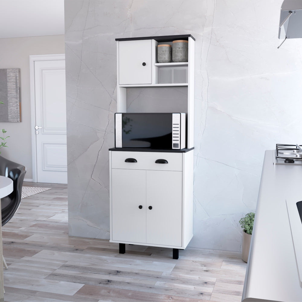 Modern white kitchen hutch with microwave shelf and storage cabinet