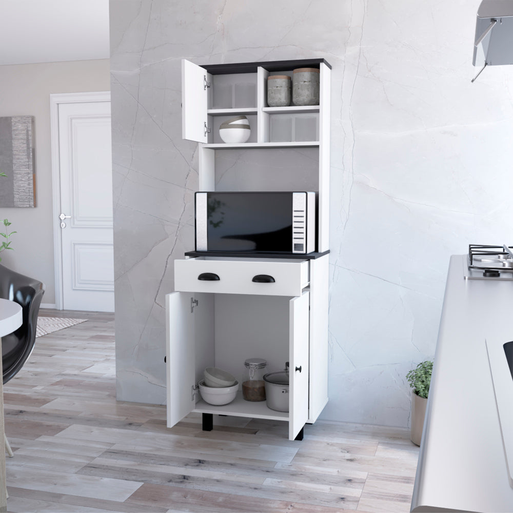 Modern white kitchen pantry cabinet with microwave stand and open doors