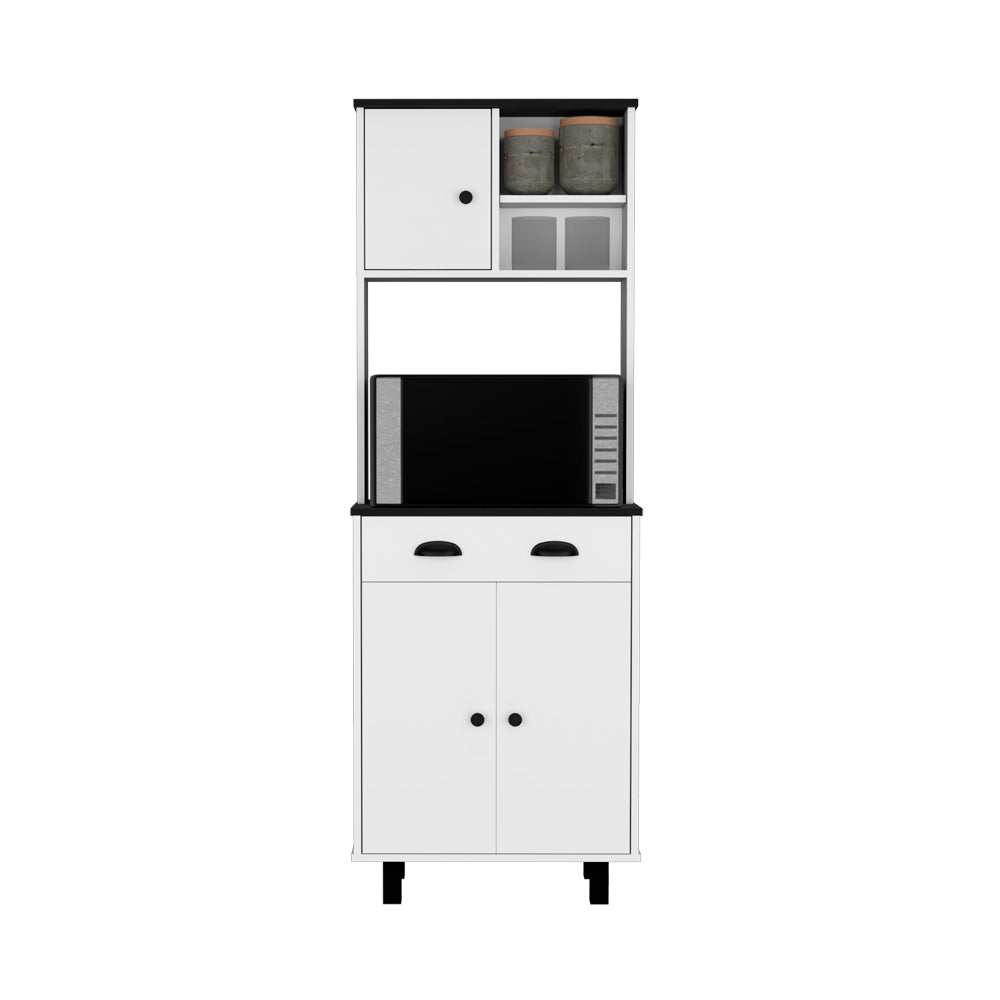 White kitchen bakers rack with microwave shelf and storage cabinets