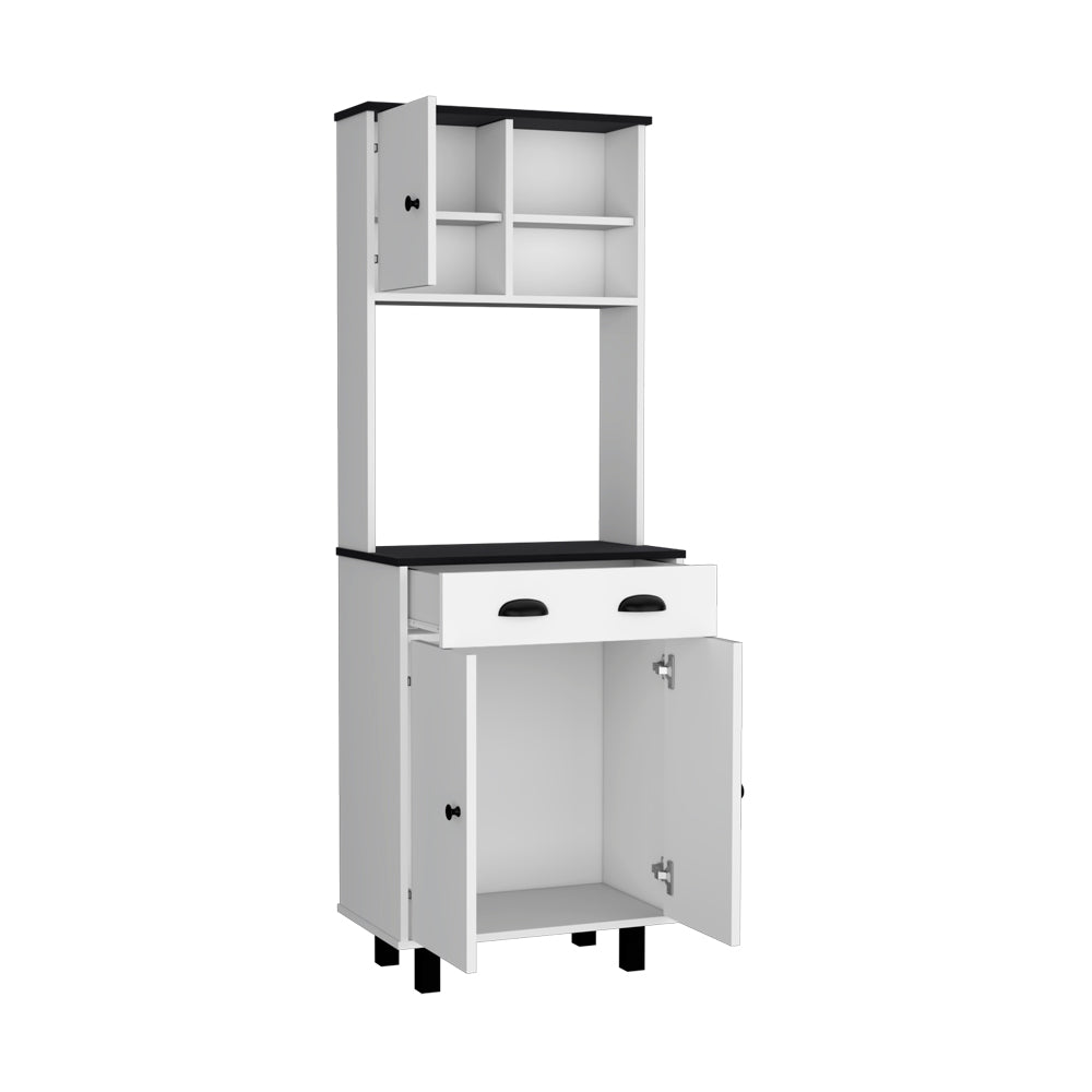 White and black kitchen hutch with open doors and drawer