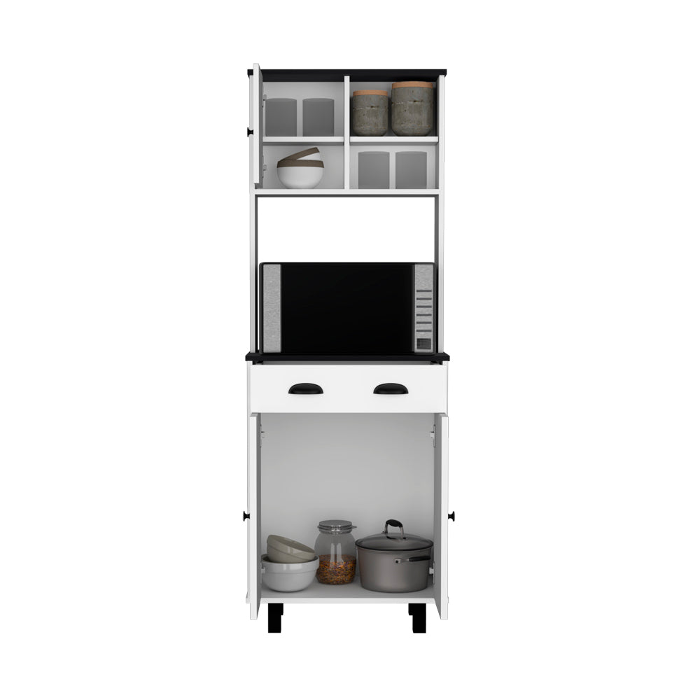 White kitchen pantry cabinet with microwave shelf and storage jars