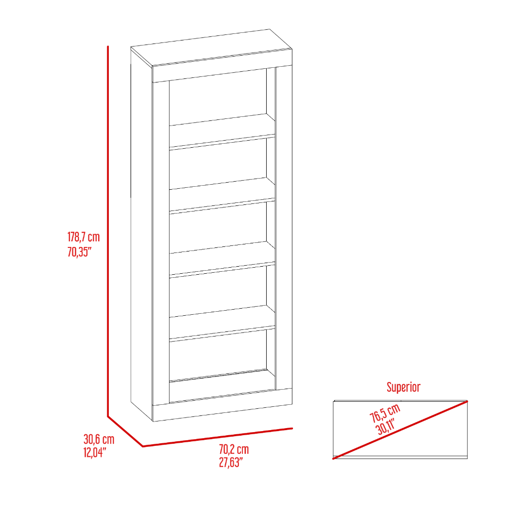 Modern tall bookcase with five open shelves