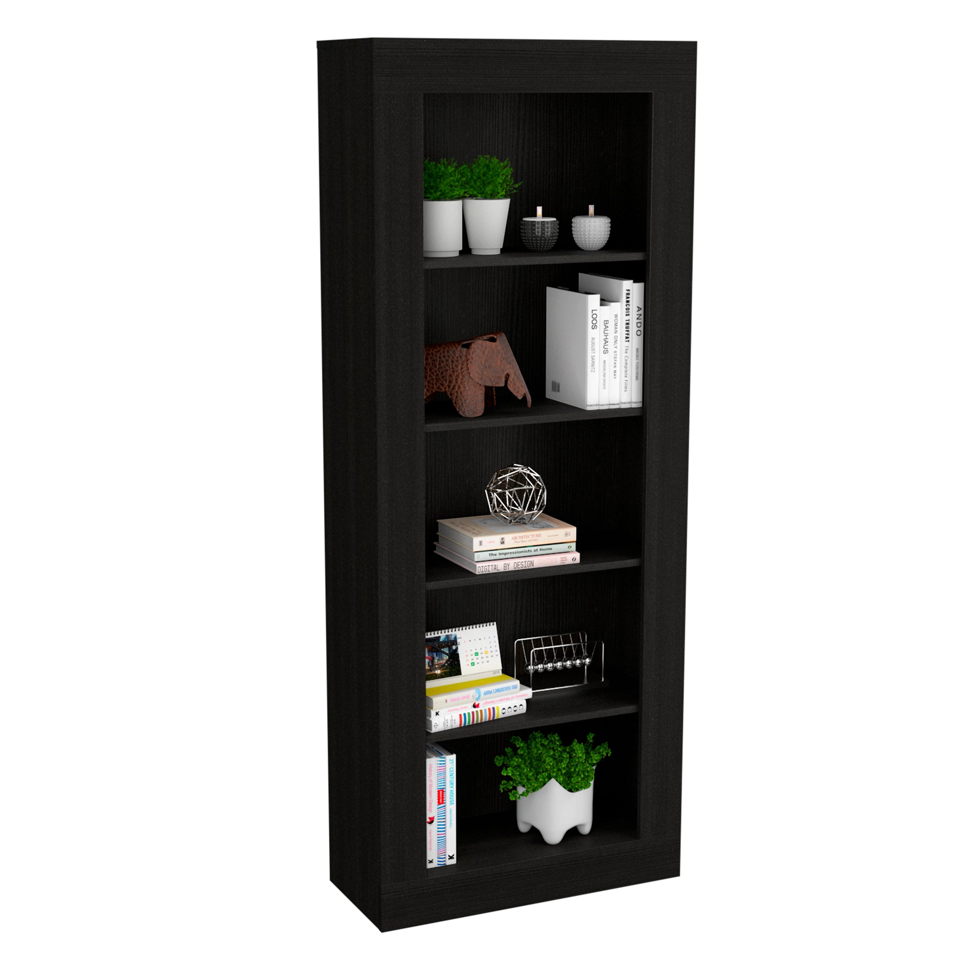 Tall black particleboard bookcase with five shelves showcasing decorative items