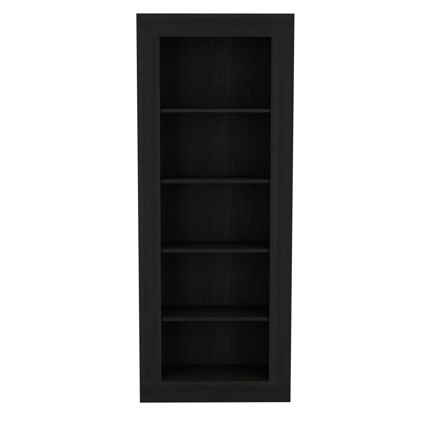 Tall black wood bookshelf with five adjustable shelves for home organization