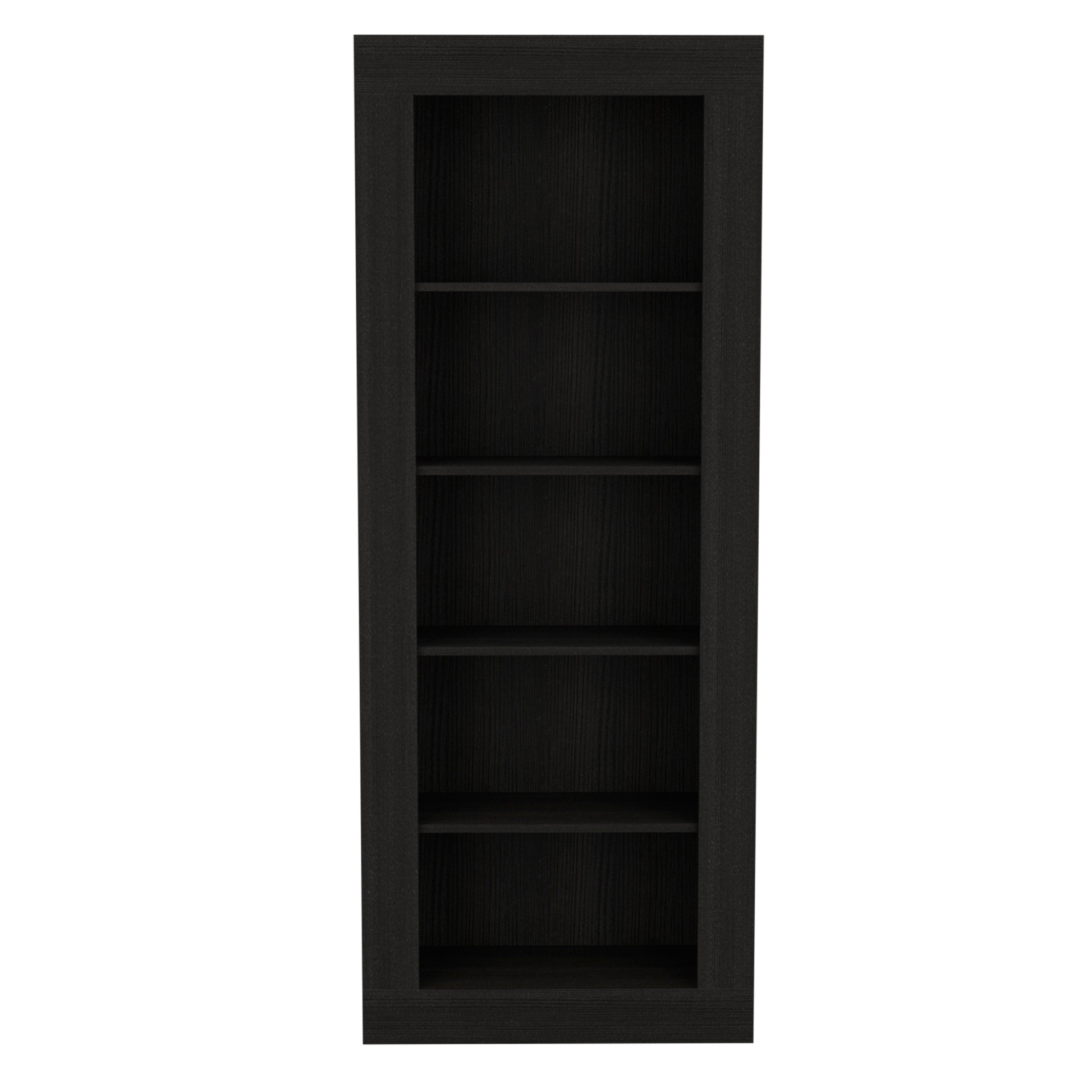 Tall black wood bookshelf with five adjustable shelves for home organization