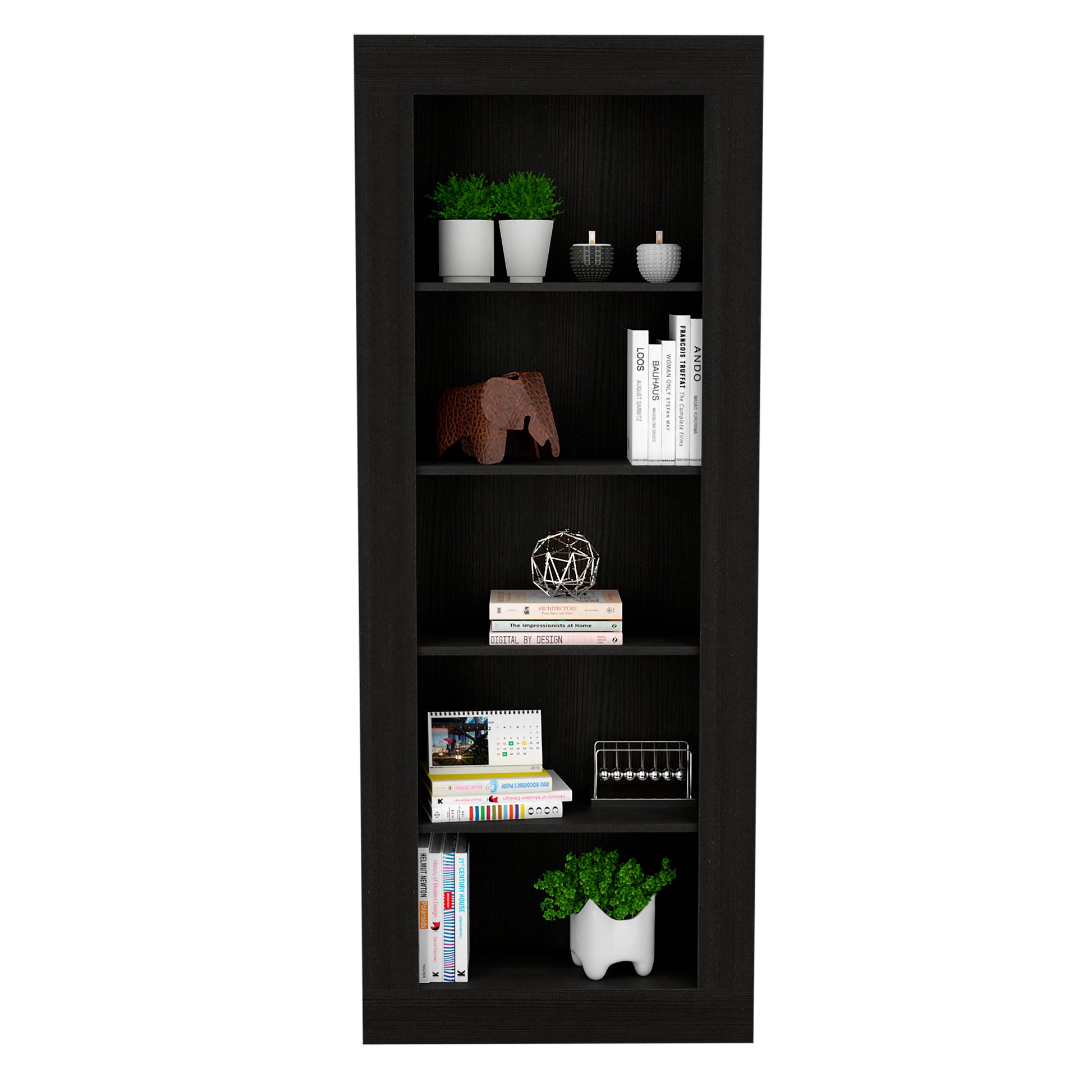Dark wood bookshelf with white potted plants and decorative objects