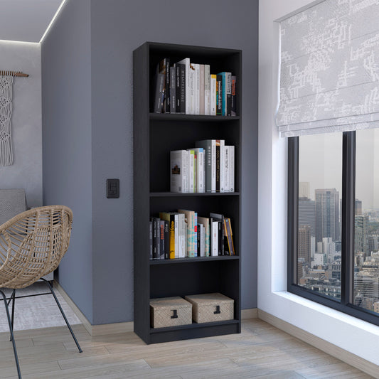 Dark gray tall bookshelf with five shelves filled with books and two woven storage boxes