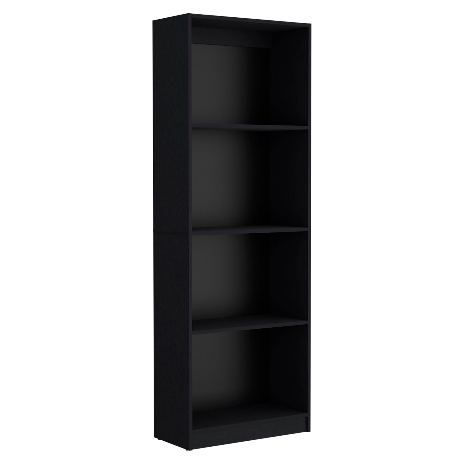 Tall black bookshelf with four open shelves
