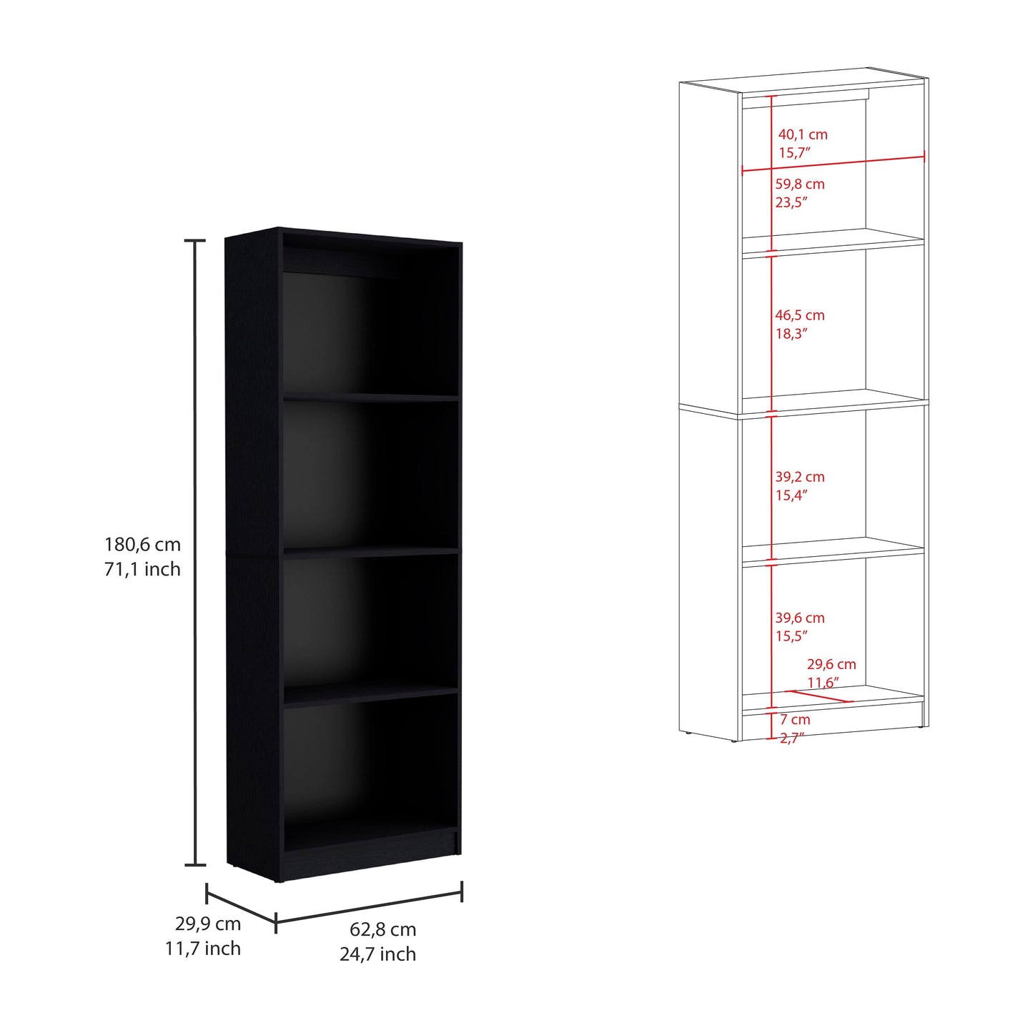Black modern bookshelf with four open shelves and silver accents