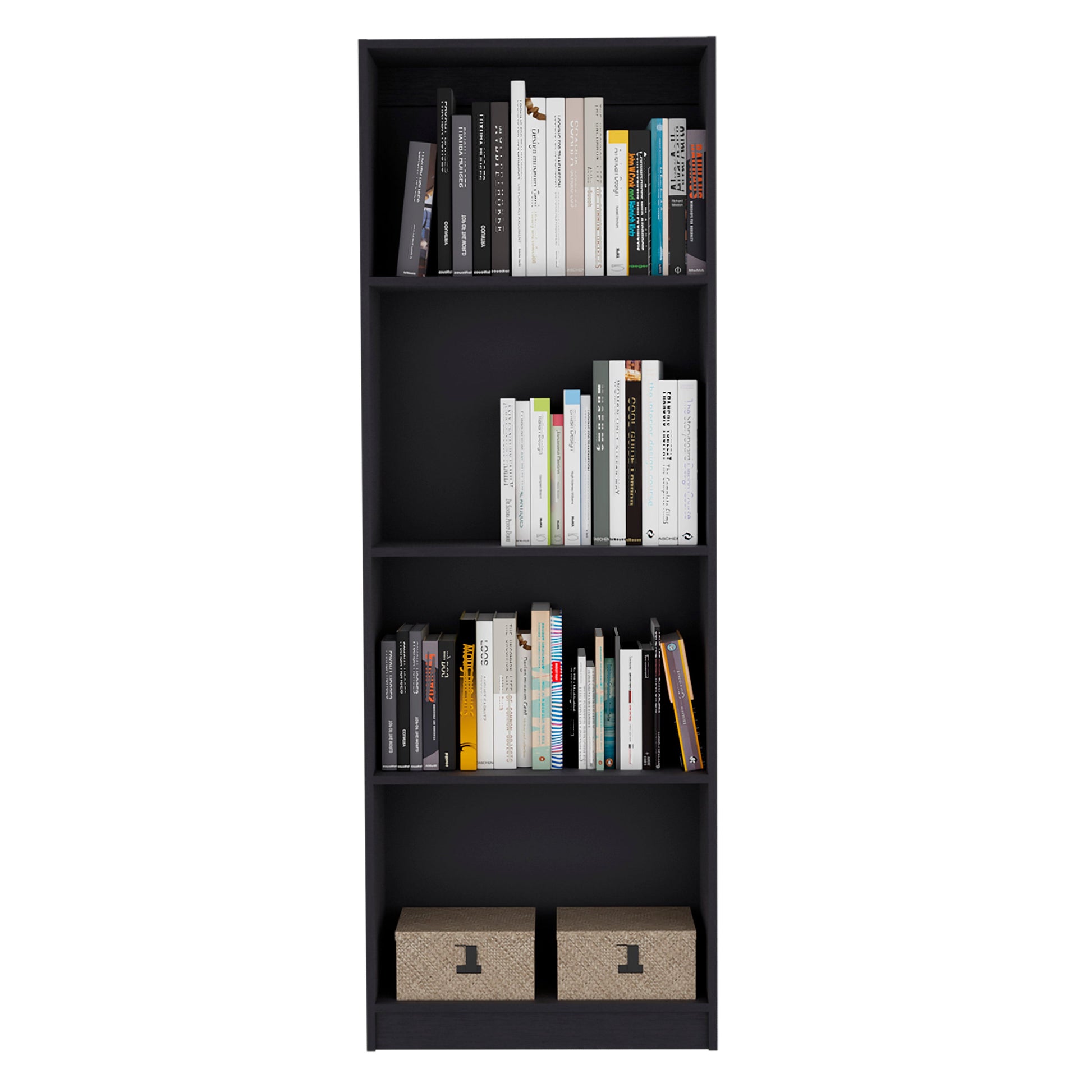 Dark gray modern bookshelf filled with various books