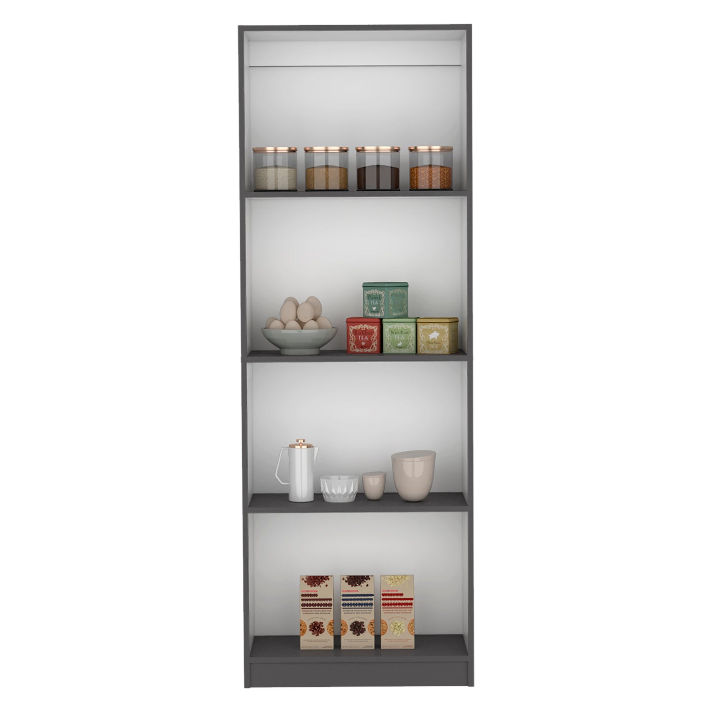 Four glass storage jars with rose gold lids holding various dry goods like grains and spices