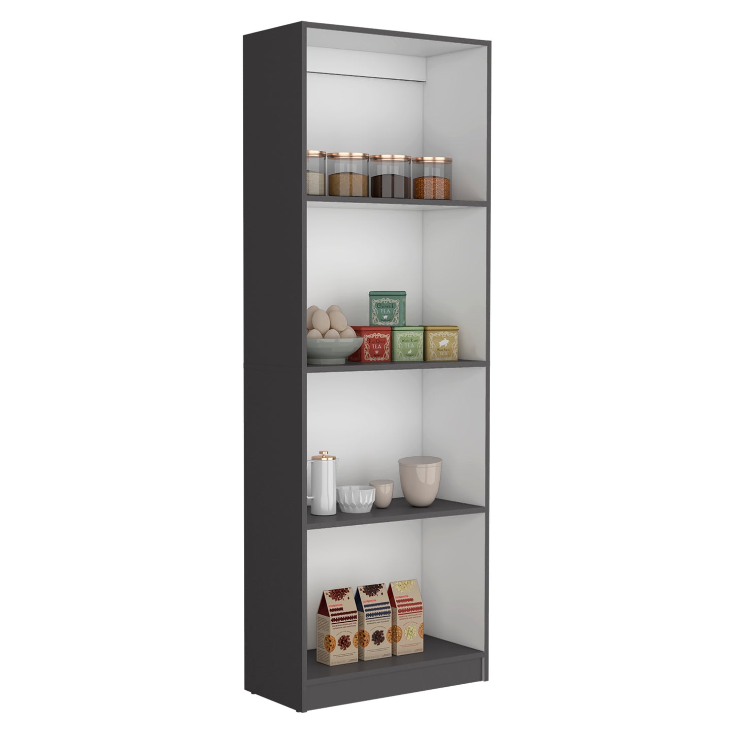 Tall grey storage cabinet with five shelves showcasing pantry items and kitchenware