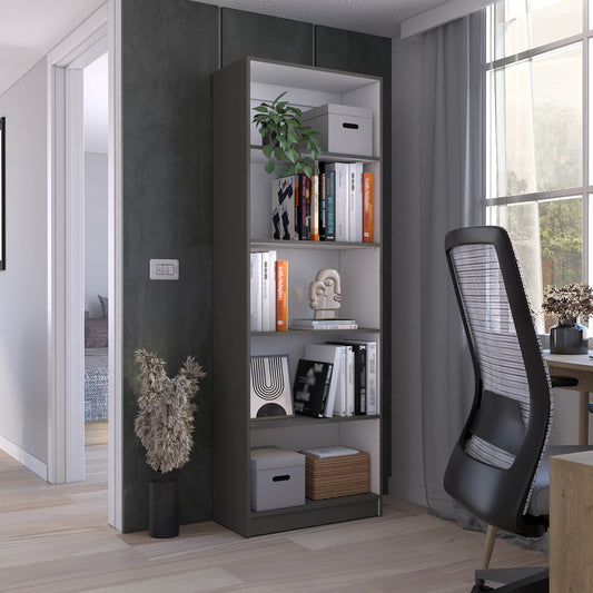 Modern gray open bookshelf with books and decor