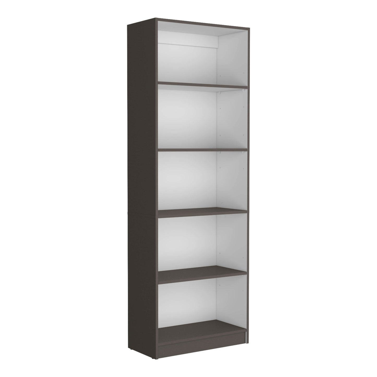 Dark brown tall bookshelf with  white shelves