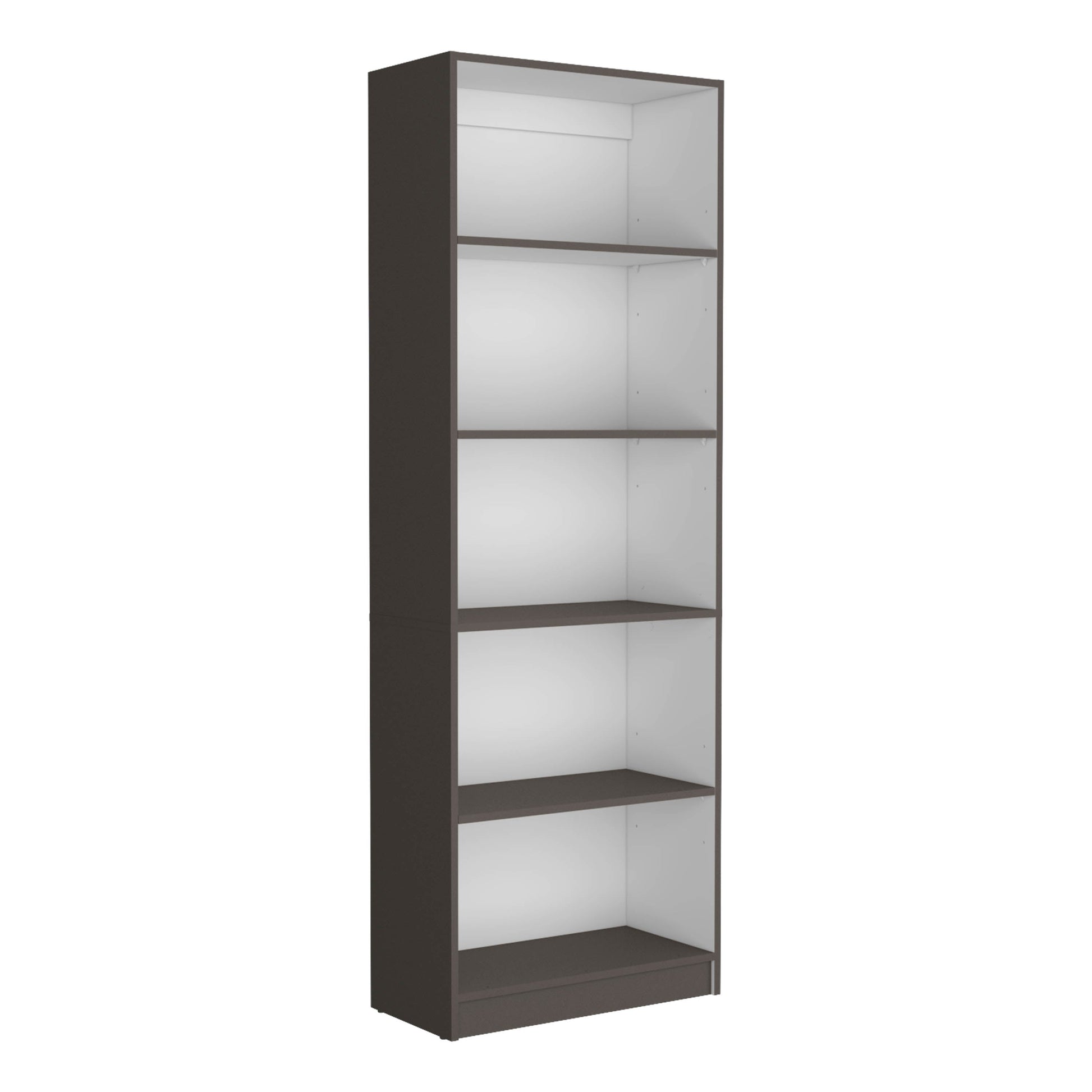Dark brown tall bookshelf with  white shelves