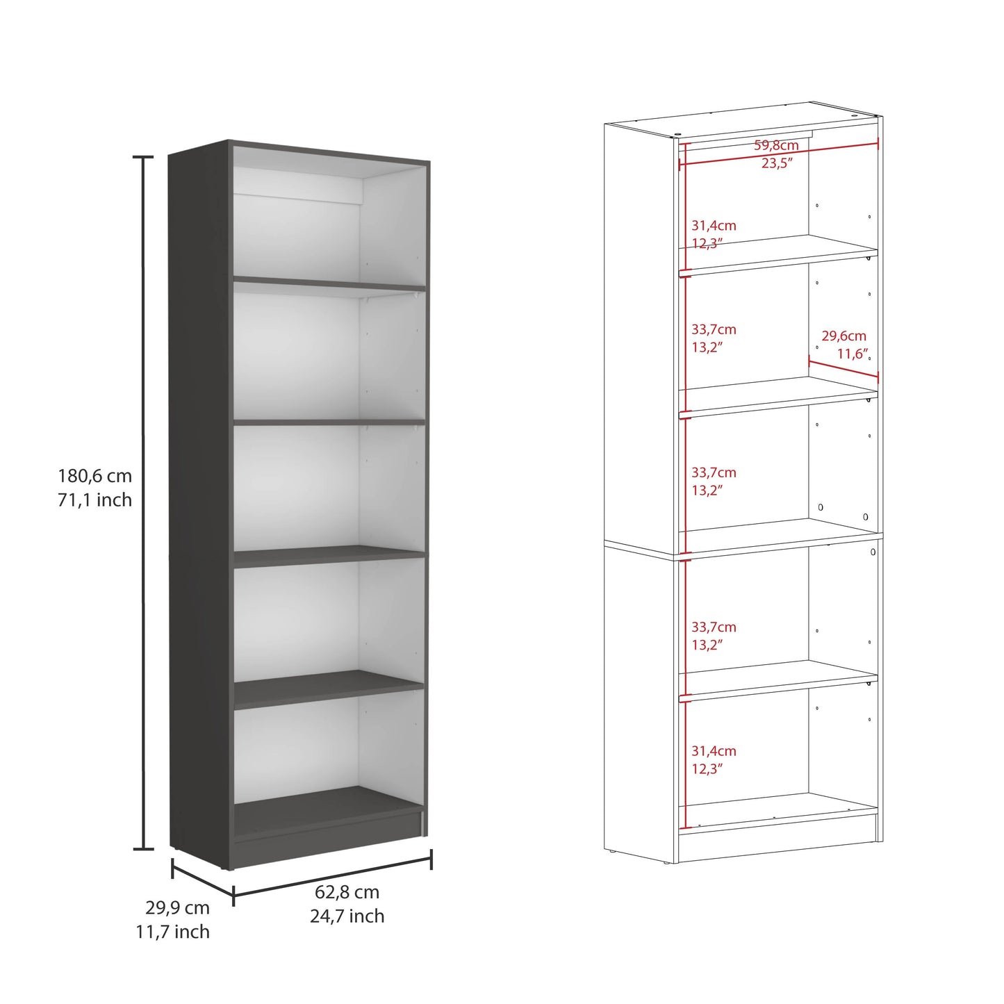 Tall dark gray bookshelf with five open white shelves cm height