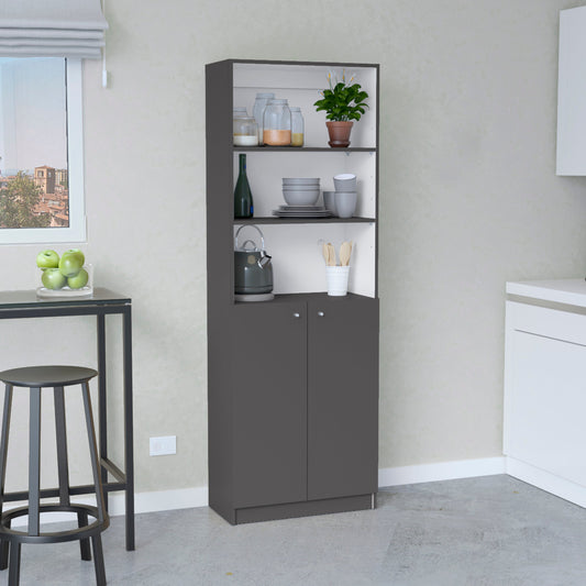 Tall grey kitchen cabinet with open shelving displaying kitchenware