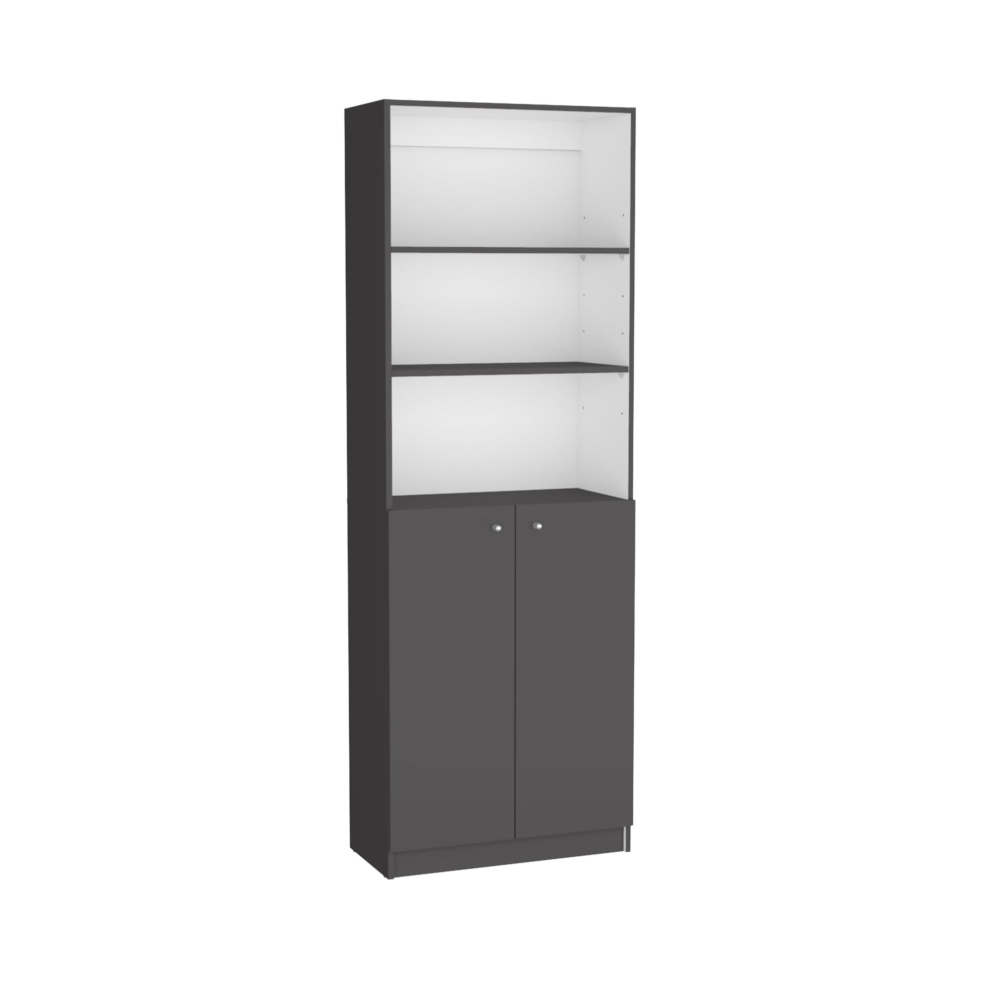 Sleek charcoal gray tall cabinet with open white shelves and two lower doors