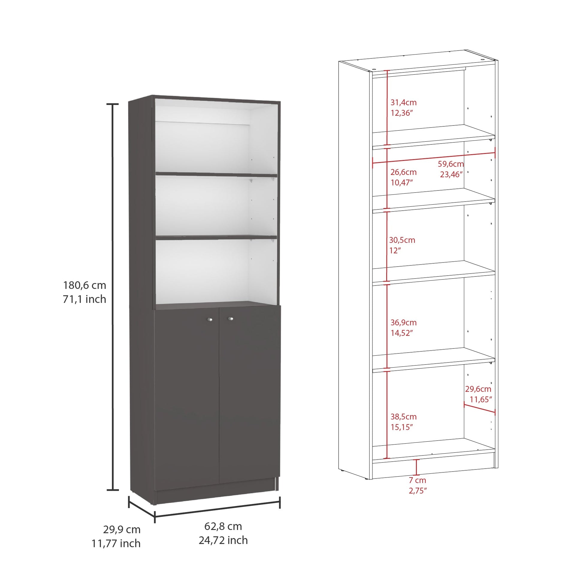 Tall dark gray bookcase with two lower cabinet doors and open shelving above