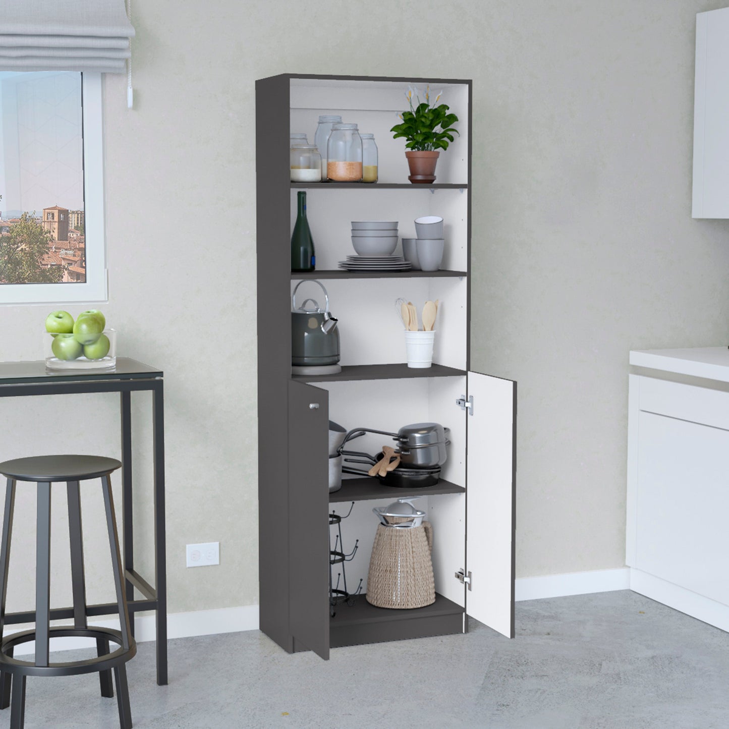 Tall gray kitchen pantry cabinet filled with jars plants dishes and cookware