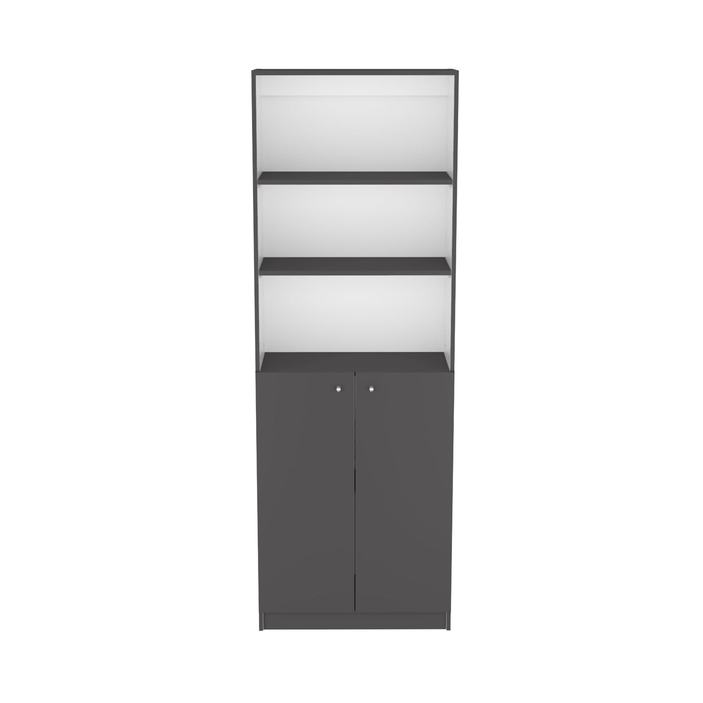 Dark gray tall bookshelf with two cabinet doors and three open shelves