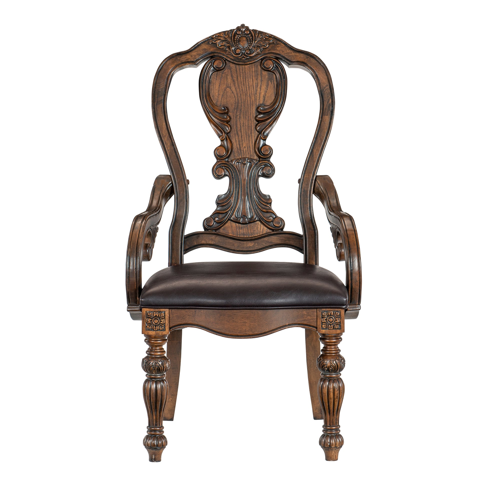 Ornate carved dark wood dining chair with leather seat