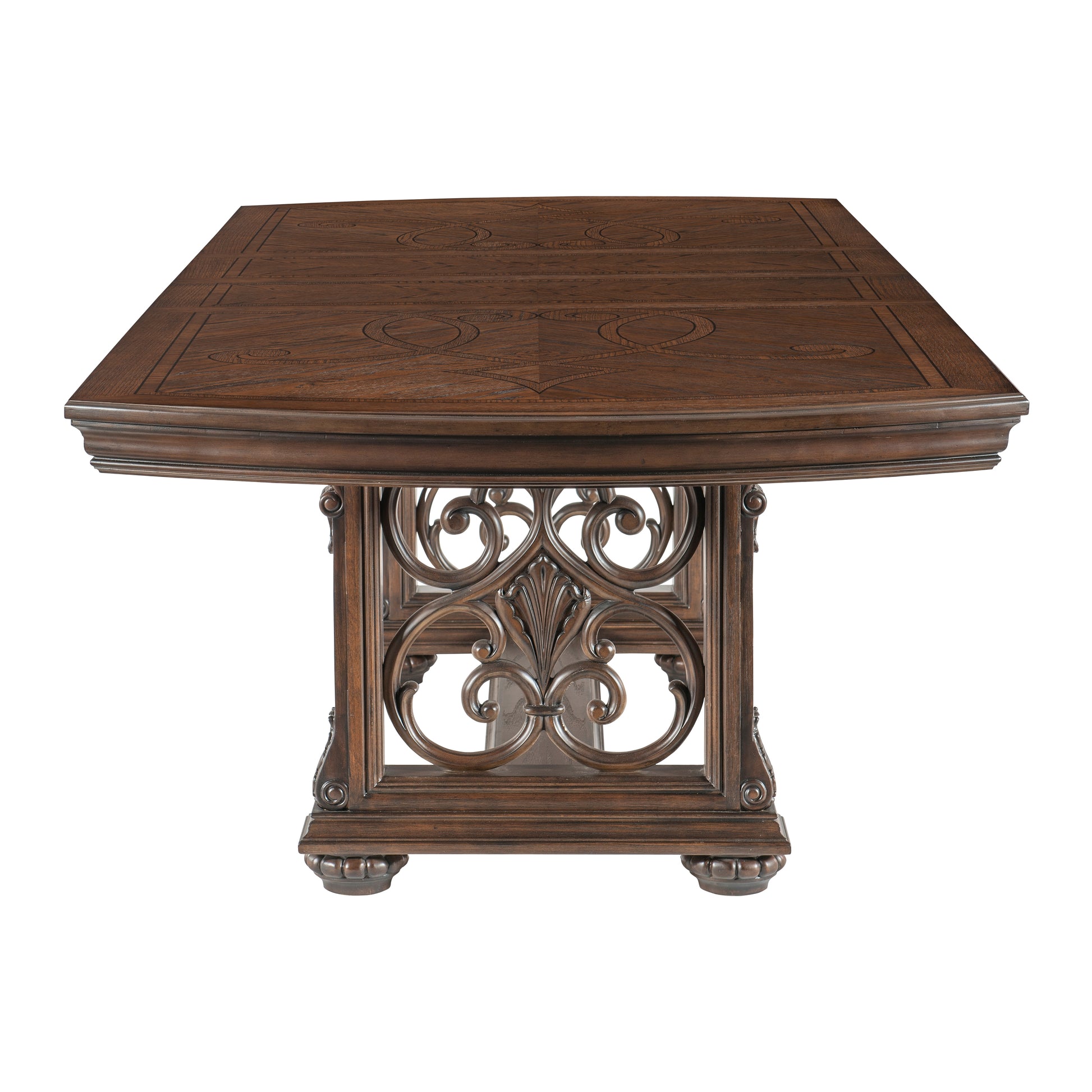 Dark oak dining table with carved pedestal base