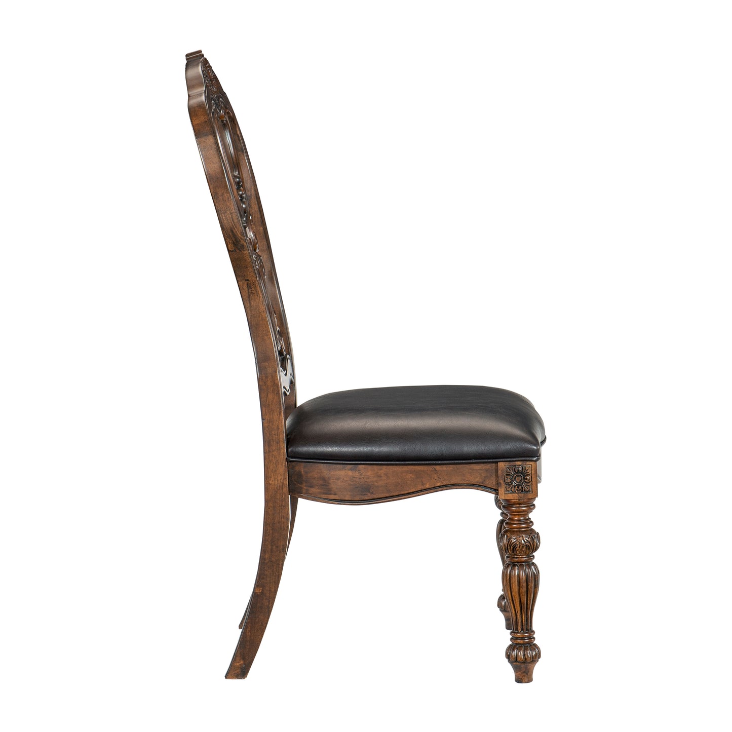 Ornate carved wood dining chair with dark leather seat