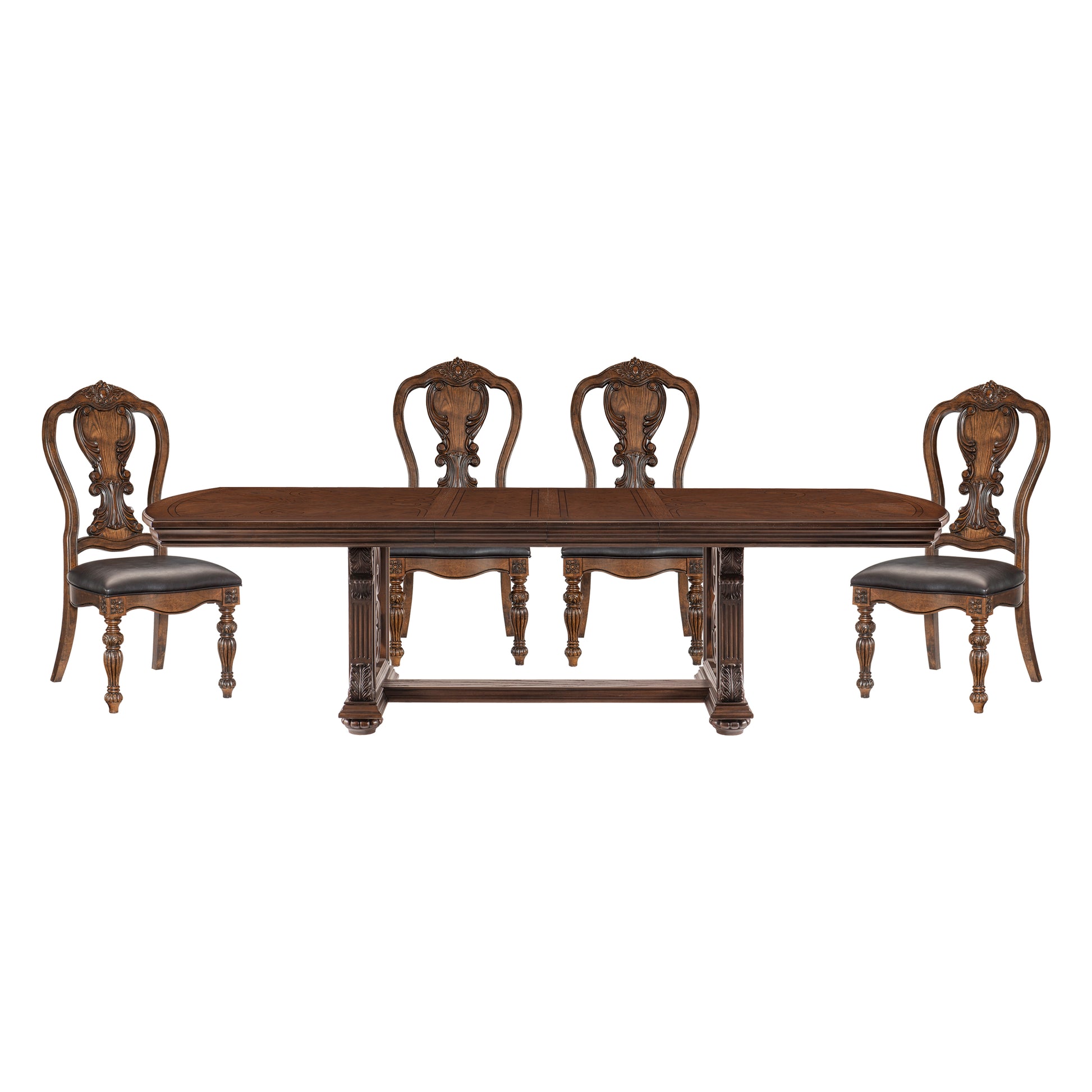 Ornate dark wood dining table with four leather upholstered chairs