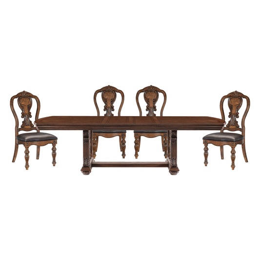 Ornate dark wood dining table with four leather upholstered chairs