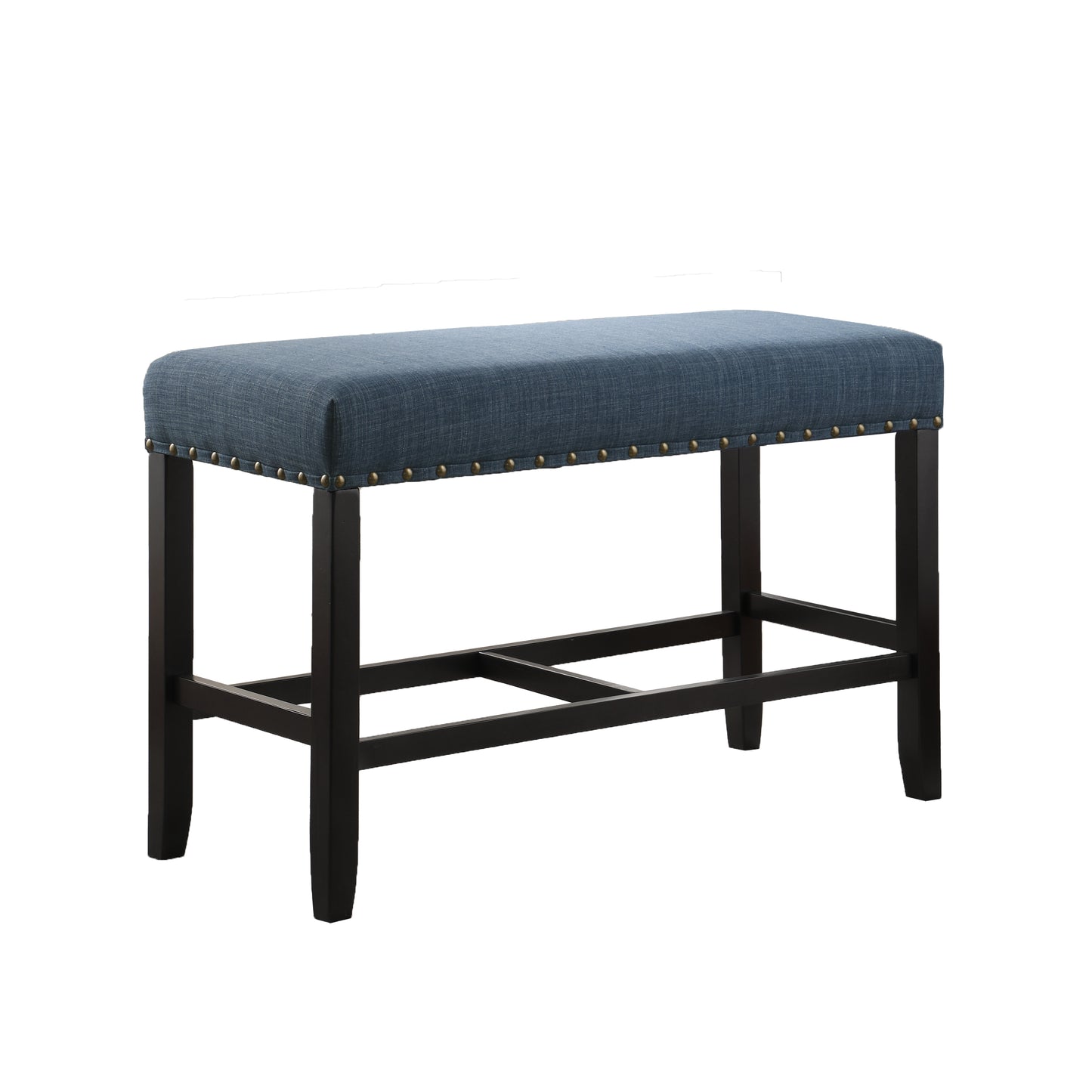 Blue linen counter stool with brass nailhead trim
