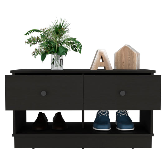 Modern black entryway shoe bench with two drawers and open shelving