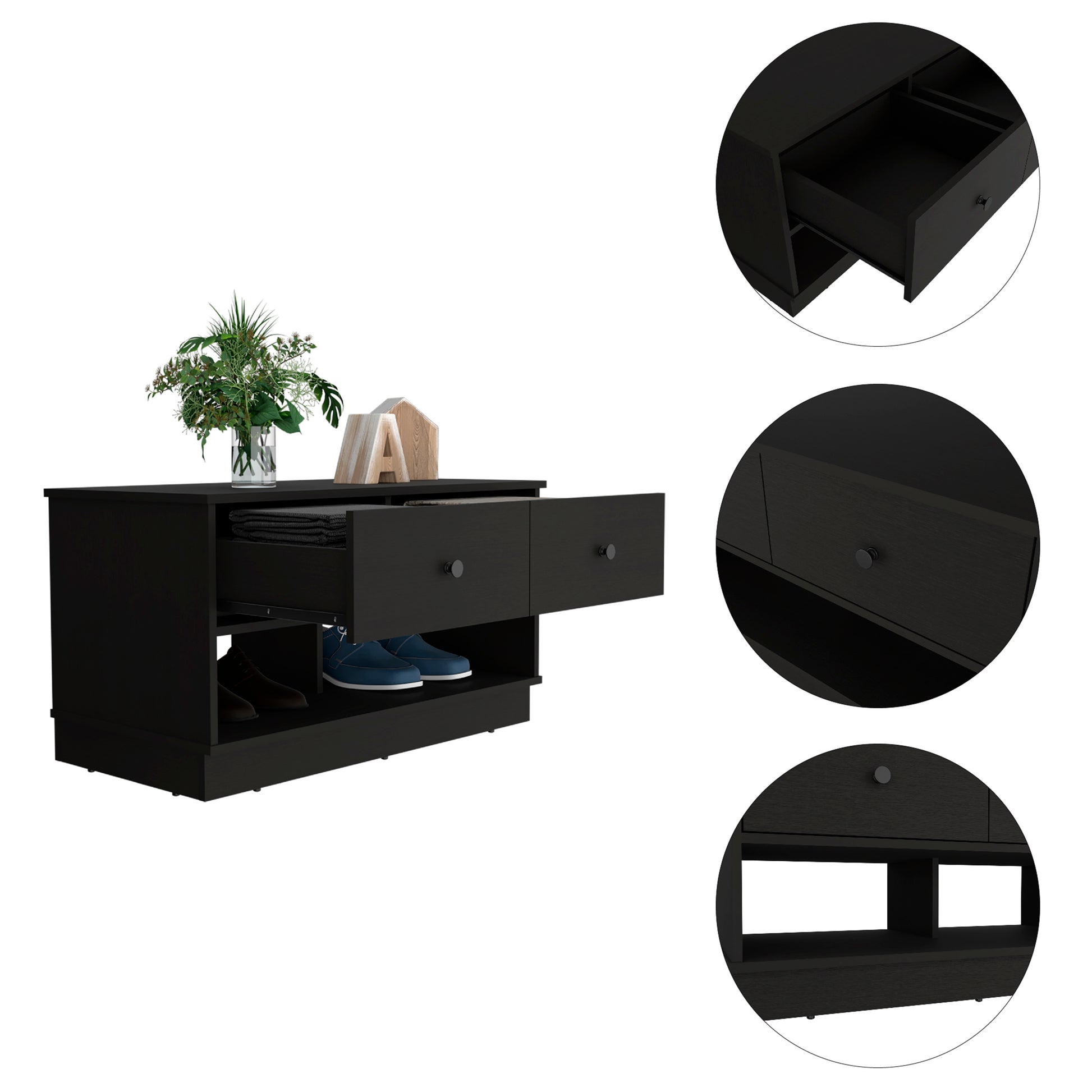 Black modern entryway bench with shoe storage and open shelving