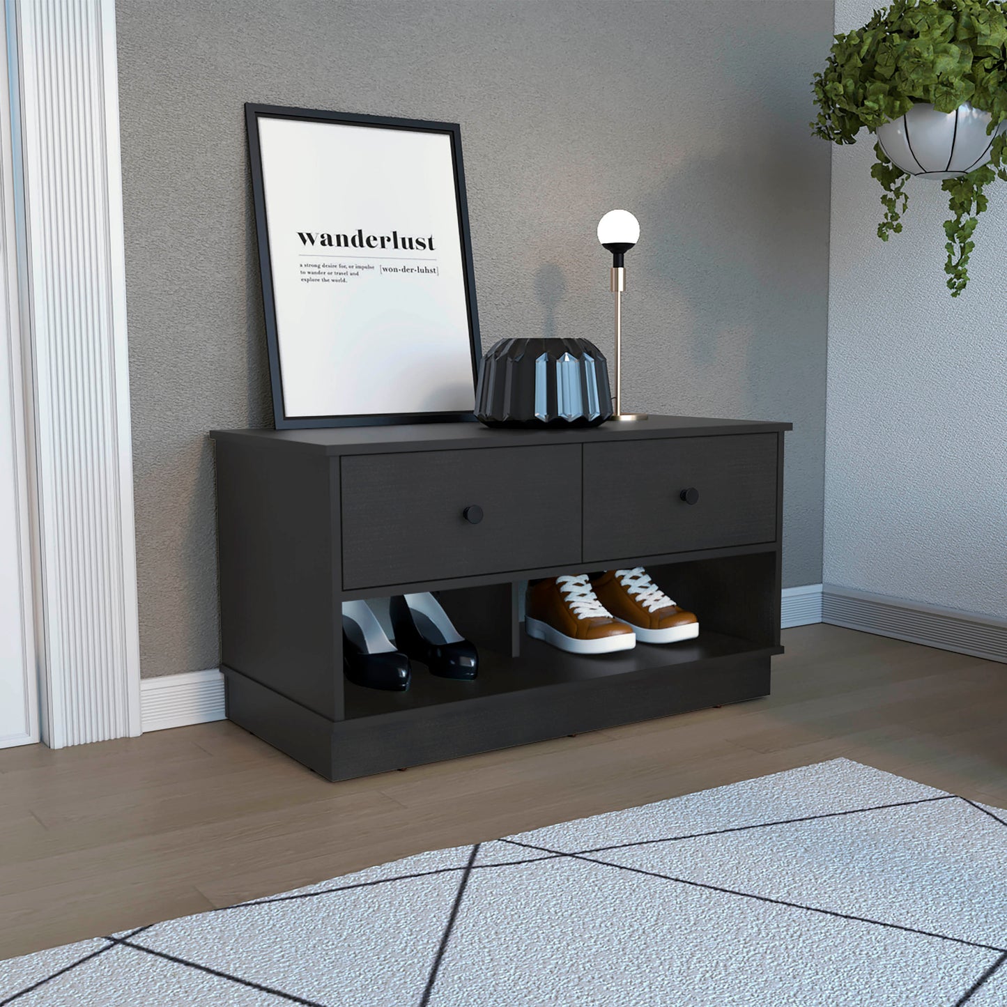 Dark wood entryway bench with two drawers and open shelves holding black heels and brown sneakers