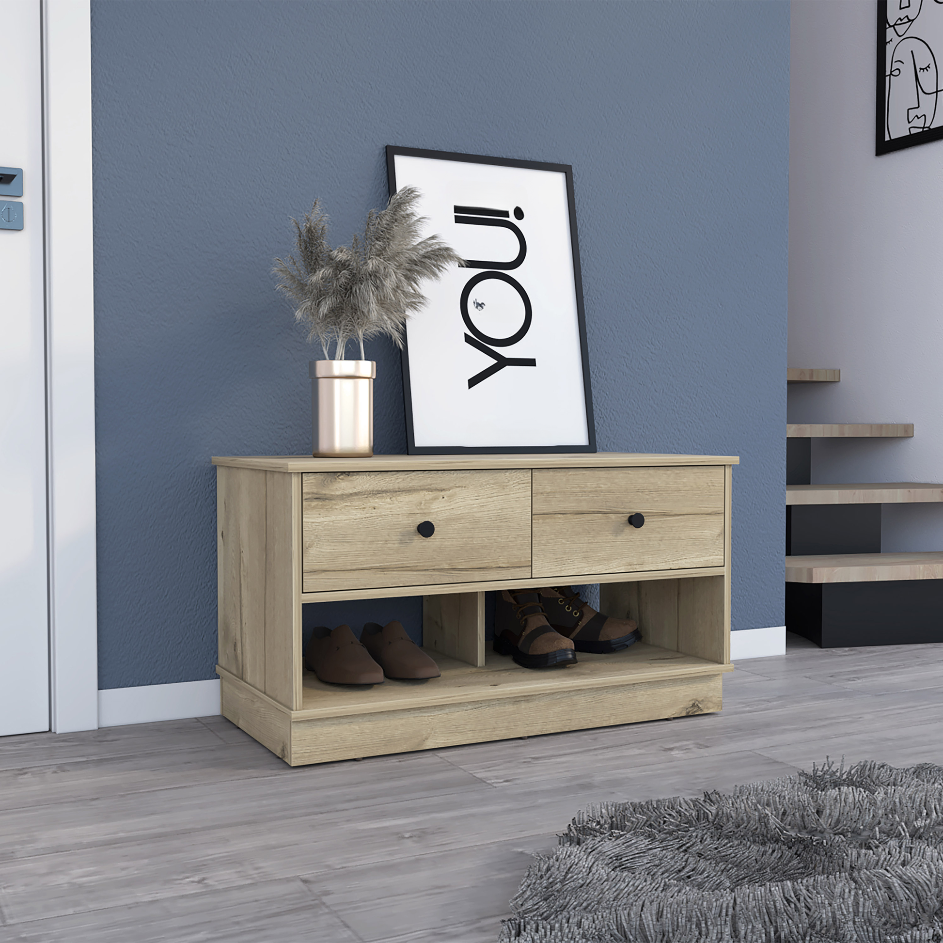 Light oak entryway shoe bench with two drawers and open shelves