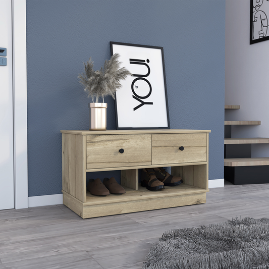Light oak entryway shoe bench with two drawers and open shelves