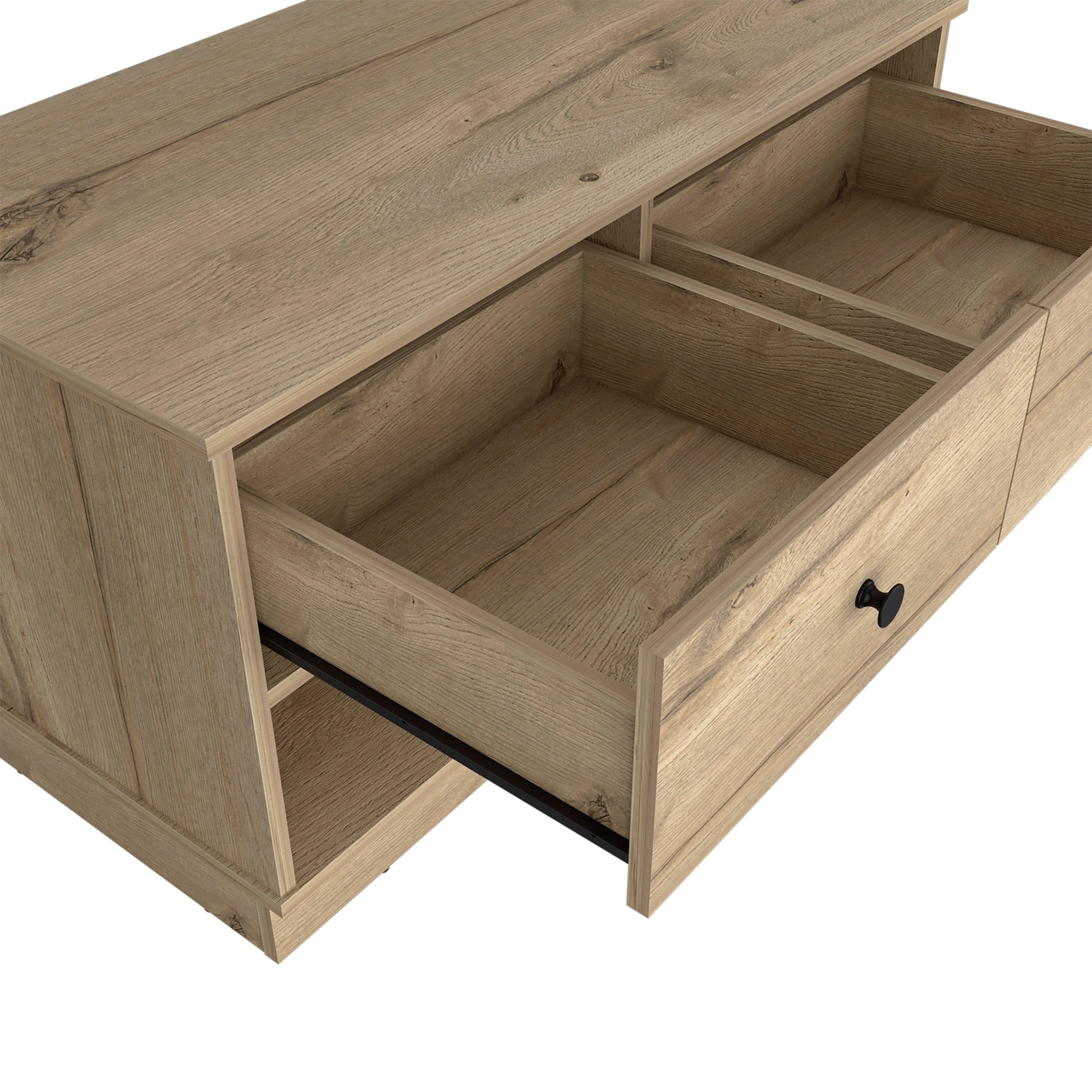 Modern oak wood media console with open shelving